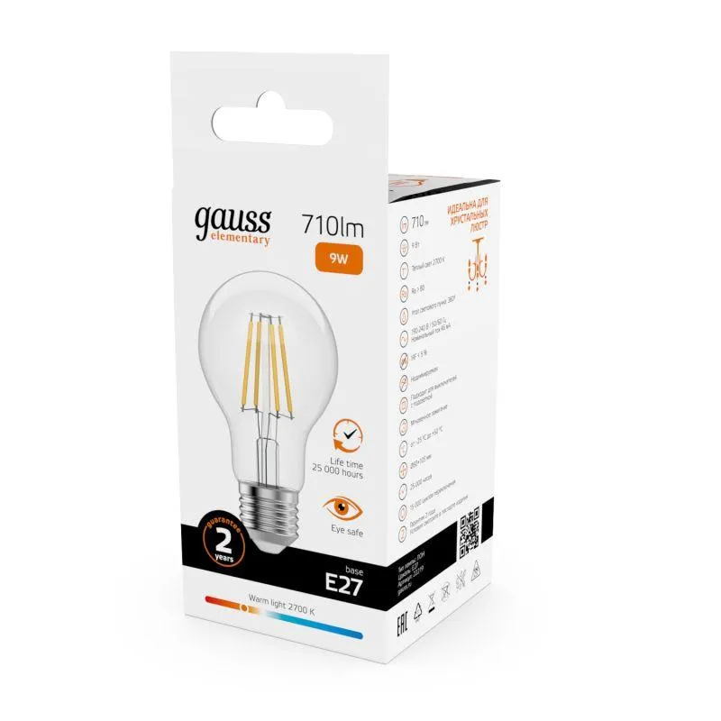 Лампа светодиодная филаментная Filament Elementary А60 9Вт 2700К Е27 710лм GAUSS 22219