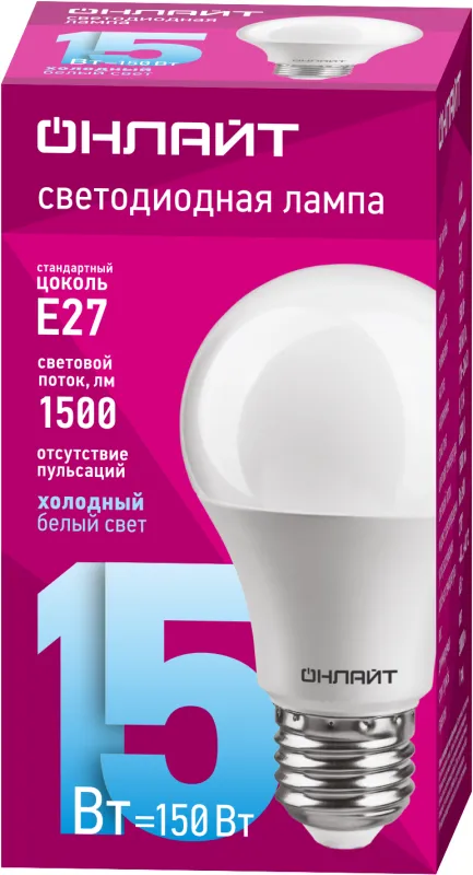 Лампа светодиодная 61 151 OLL-A60-15-230-6.5K-E27 15Вт грушевидная ОНЛАЙТ 61151