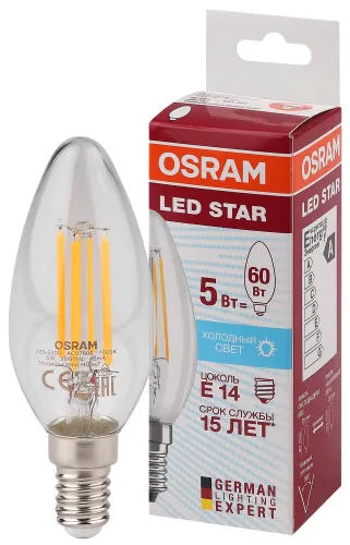 Лампа светодиодная LED 5Вт Е14 STAR ClassicB (замена 60Вт),нейтральный белый свет, прозрачная колба