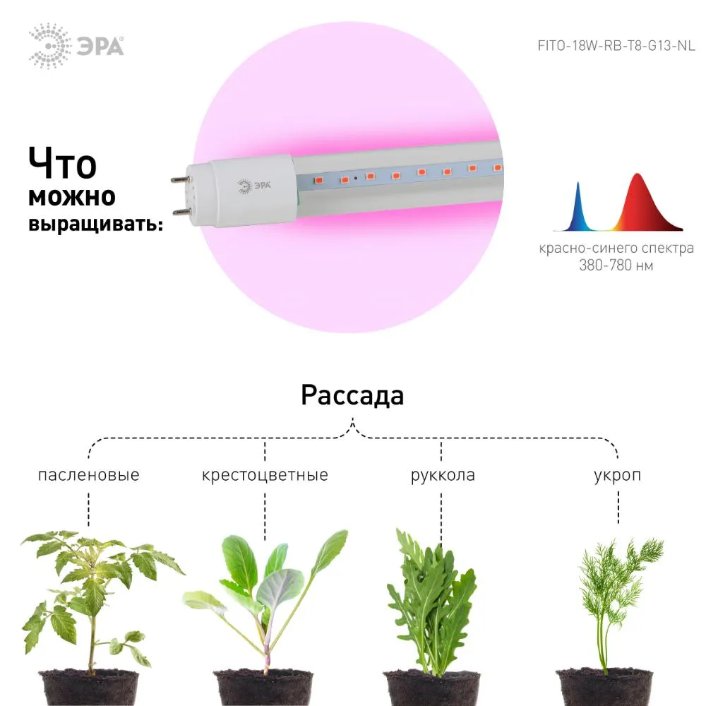 Лампа светодиодная Т8 фито для растений 18Вт G13 красно-синий спектр ЭРА FITO-18W-RB-Т8-G13-NL | Б00