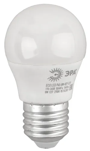 Лампа cветодиодная ECO LED P45-8W-827-E27 (диод, шар, 8Вт, тепл, E27) (10/100/3600) | Б0030024 | ЭРА