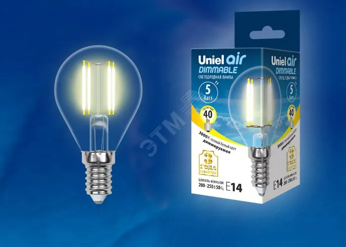 Лампа светодиодная LED-G45-5W/WW/E14/CL/DIM GLA01TR форма "шар" прозр. Air свет теплый бел. 3000К ди