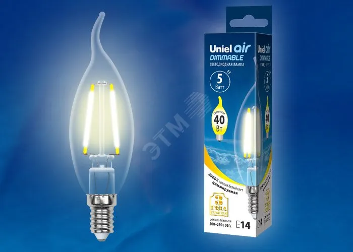 Лампа светодиодная LED-CW35-5W/WW/E14/CL/DIM GLA01TR форма "свеча на ветру" прозр. Air свет теплый б