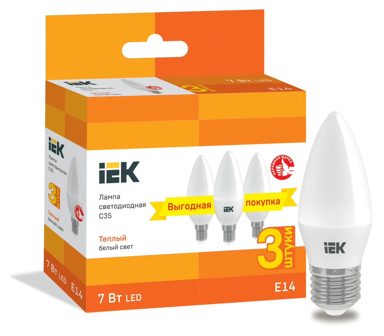 Лампа светодиодная LED C35 свеча 7Вт 230В 3000К E14 (3шт/упак) | LLE-C35-07-230-30-E14-3 | IEK
