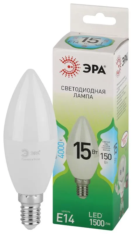 Лампа светодиодная GREEN LINE B35-15W-840-E14 GL E14 15Вт свеча яркий свет бел. Эра Б0067121