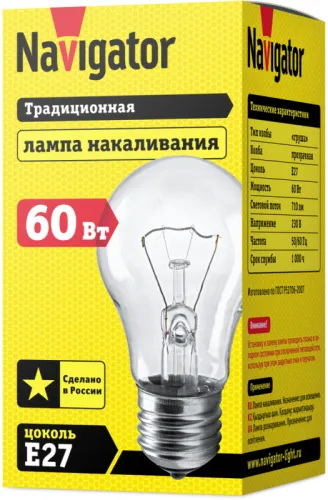 Лампа накаливания ЛОН  60Вт Е27 230В NI-A-60-230-E27-CL | 94300 | Navigator