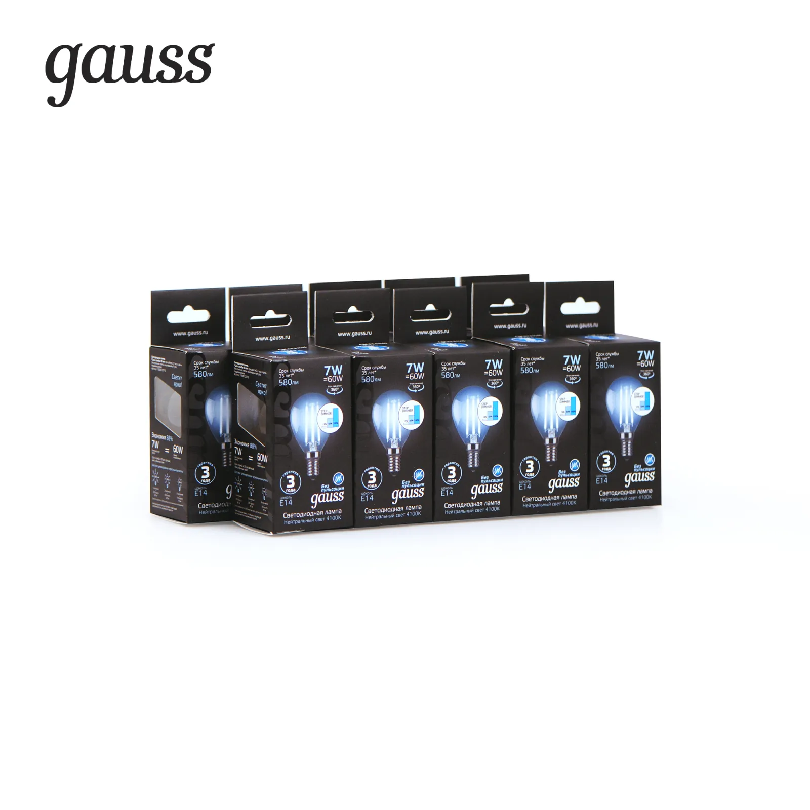 Лампа светодиодная, филаментная 7 Вт E14 4100 K 580 Lm 360 град. Gauss 105801207-S