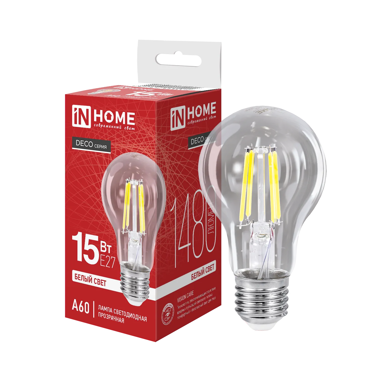 Лампа светодиодная филаментная LED-A60-deco грушевидная прозрачная 15Вт 230В E27 4000К 1480лм IN HOM