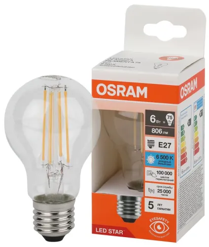 Лампа светодиодная, филаментная 6 Вт E27 6500 K 806 Lm 300 град. LED Star OSRAM 4058075687721