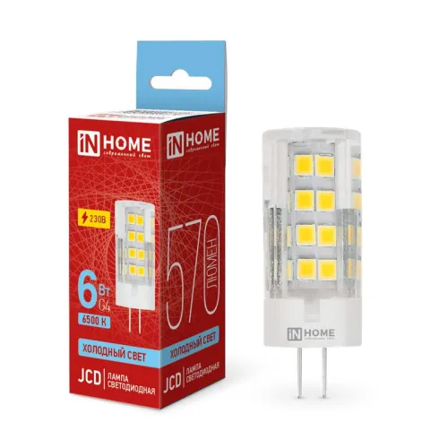 Лампа светодиодная LED-JCD 6Вт капсульная прозрачная 6500К холод. бел. G4 570лм 230В IN HOME 4690612
