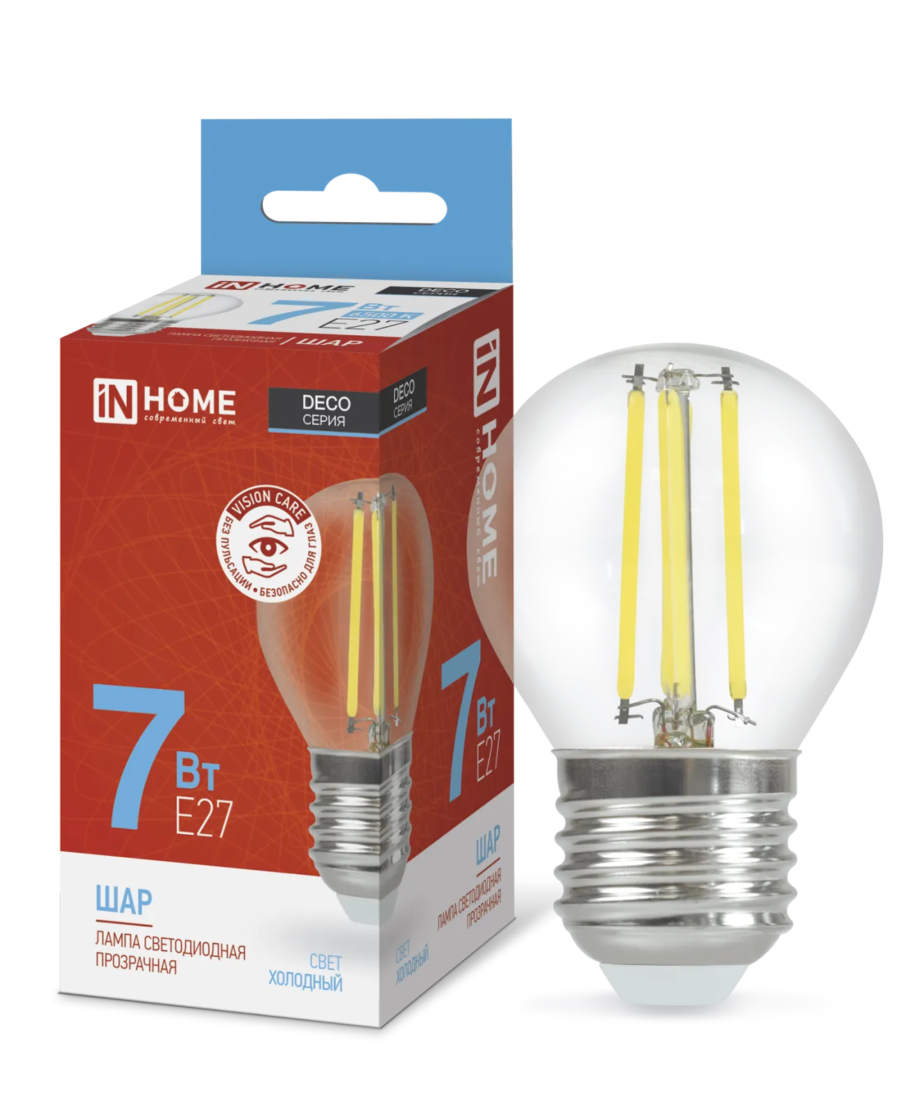 Лампа светодиодная LED-ШАР-deco 7Вт шар прозрачная 6500К холод. бел. E27 810лм 230В IN HOME 46906120