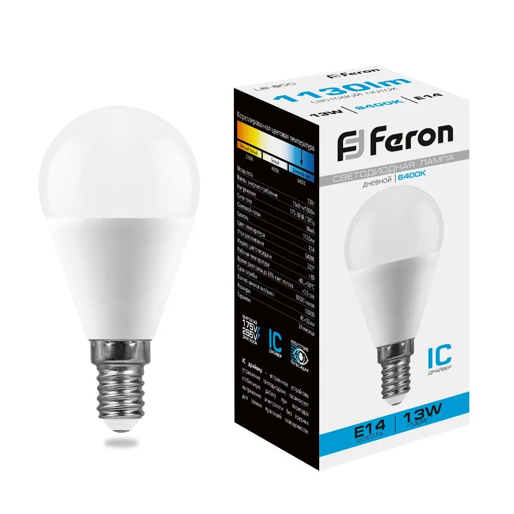 Лампа светодиодная LB-950 13Вт G45 шар 6400К E14 230В FERON 38103