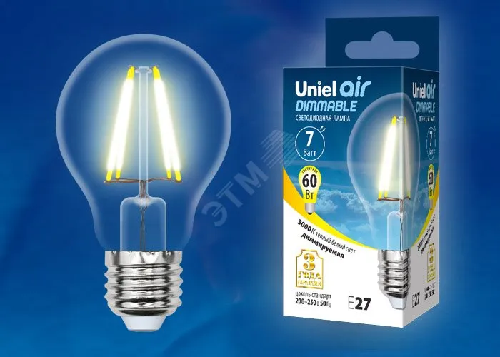 Лампа светодиодная LED-A60-7W/WW/E27/CL/DIM грушевидная GLA01TR форма "A" прозр. Air. свет теплый бе