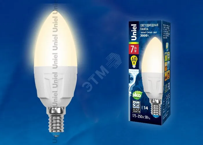 Лампа светодиодная LED-C37 7W/WW/E14/FR PLP01WH Яркая 7Вт свеча матовая 3000К тепл. бел. E14 (упак. 