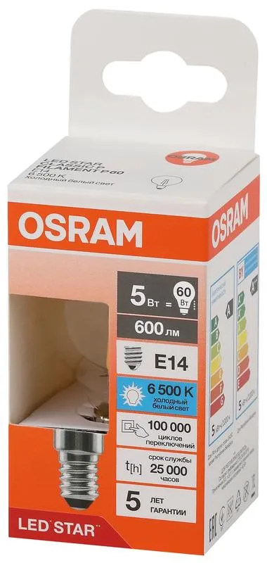 Лампа светодиодная, филаментная 5 Вт E14 6500 K 600 Lm 300 град. LED Star OSRAM 4058075688223