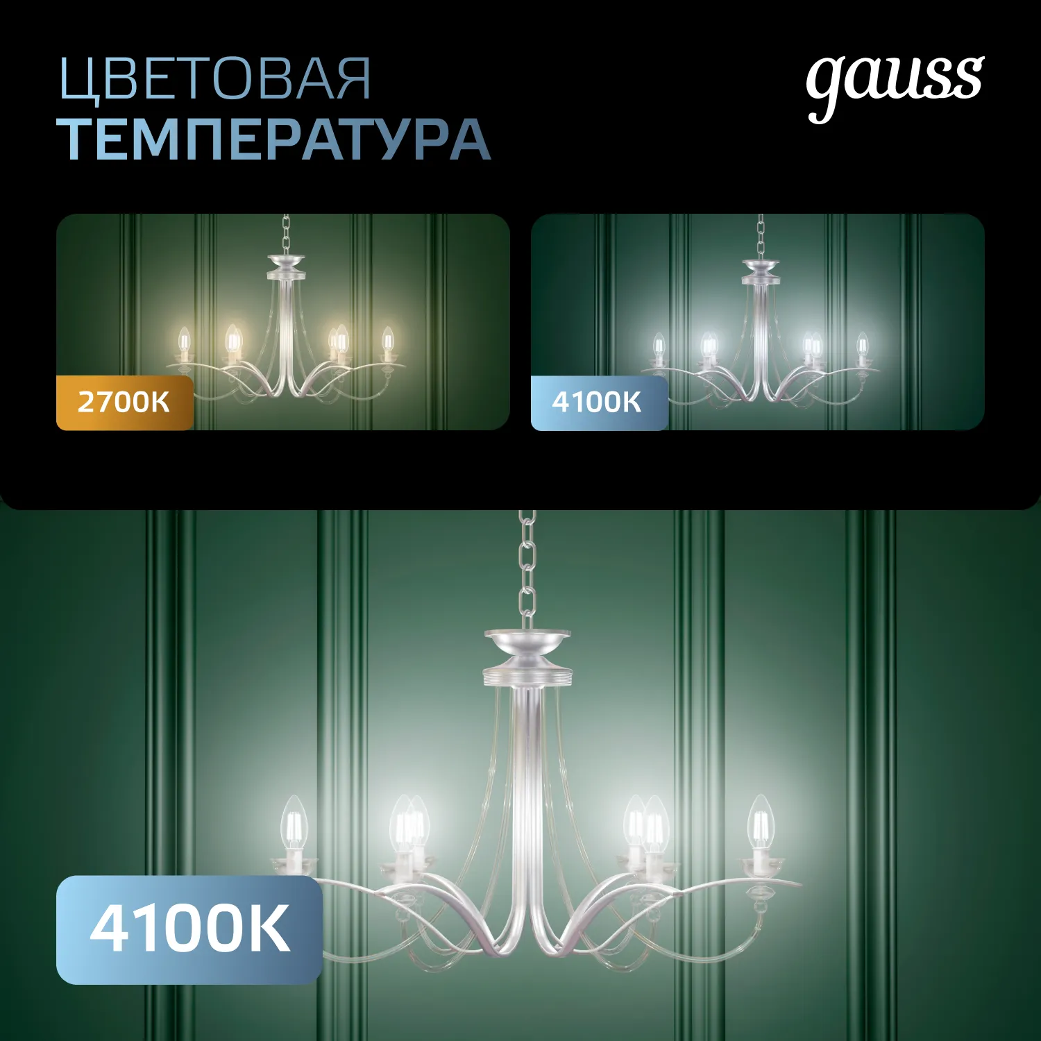 Лампа светодиодная филаментная Black Filament 11Вт свеча 4100К нейтр. бел. E14 830лм GAUSS 103801211