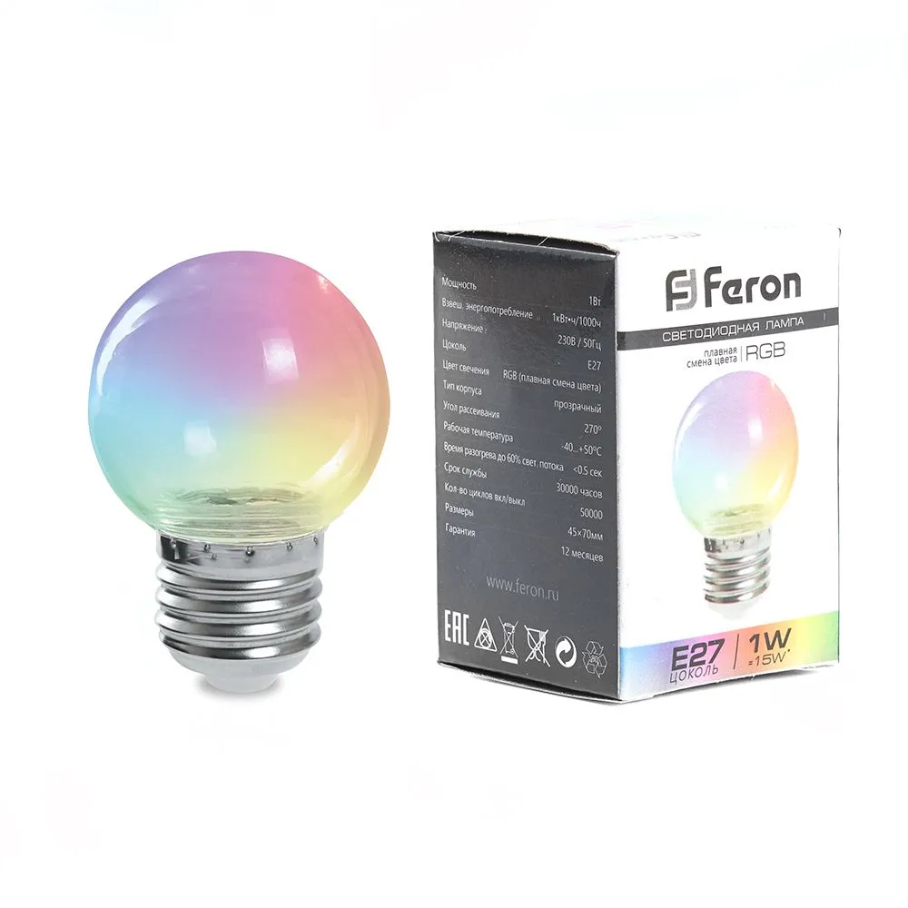 Лампа светодиодная LB-371 3Вт G60 шар прозрачная E27 230В RGB плавная смена цвета FERON 38133