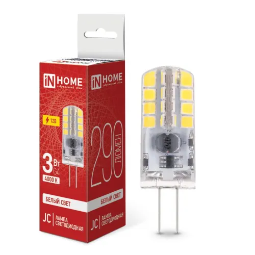 Лампа светодиодная LED-JC 3Вт капсульная прозрачная 4000К нейтр. бел. G4 290лм 12В IN HOME 469061203