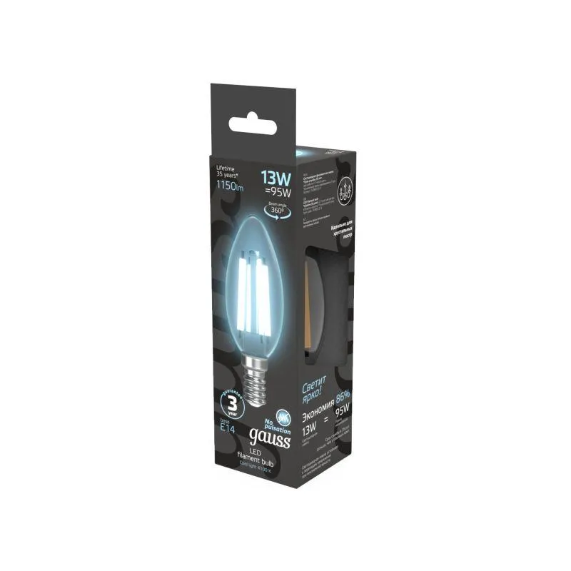 Лампа светодиодная филаментная Black Filament 13Вт свеча 4100К нейтр. бел. E14 1150лм GAUSS 10380121