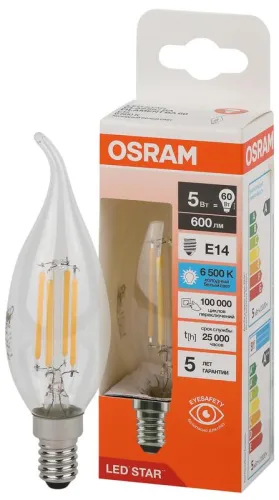 Лампа светодиодная, филаментная 5 Вт E14 6500 K 600 Lm 300 град. LED Star OSRAM 4058075688131