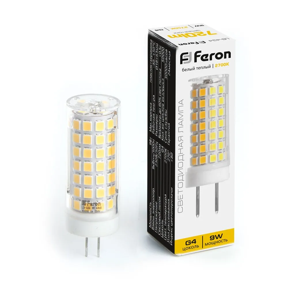 Лампа светодиодная LB-434 9Вт JCD 2700К G4 230В FERON 38143