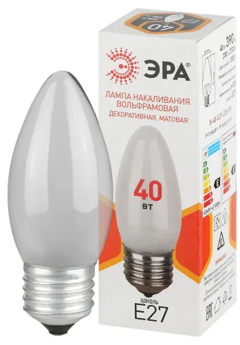 Лампа накаливания B36 40Вт свечка E27/E27 230В матов. ЭРА Б0066400