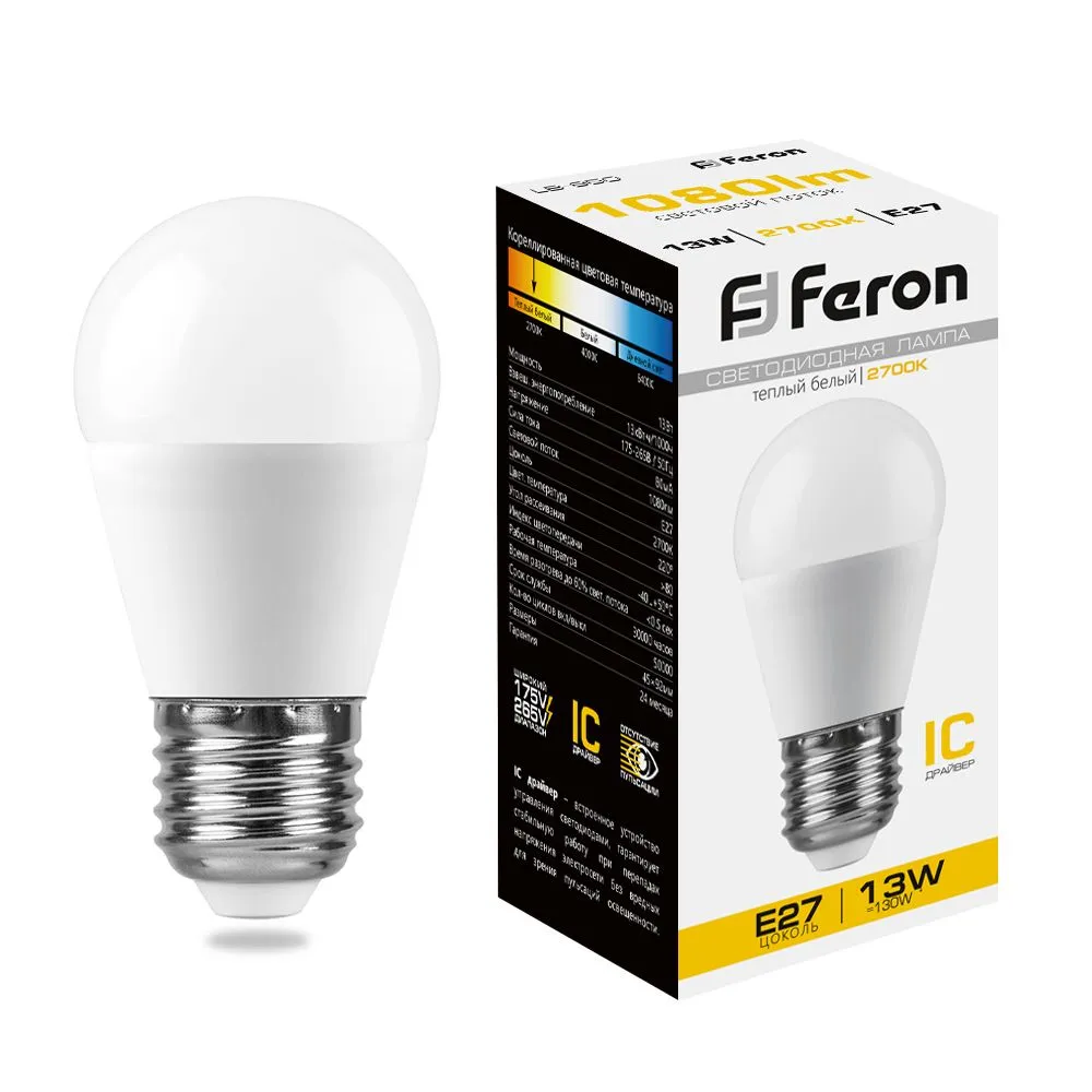 Лампа светодиодная LB-950 13Вт G45 шар 2700К E27 230В FERON 38104