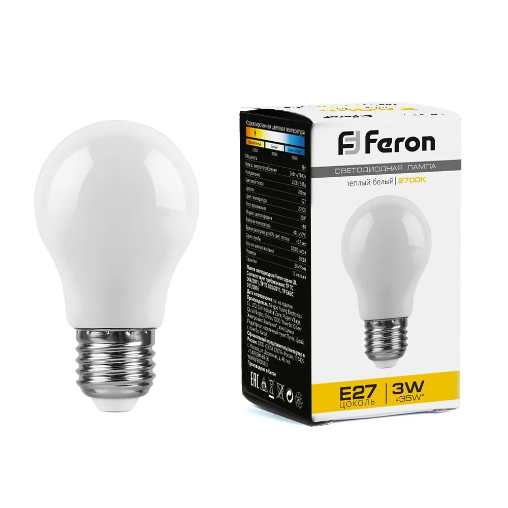 Лампа светодиодная LB-375 3Вт A50 грушевидная матовая 2700К E27 230В FERON 38266