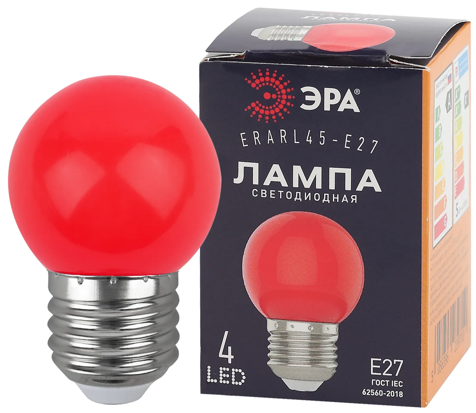 Лампы cветодиодные ERARL45-E27 LED Р45-1W-E27 (диод. шар, красн., 4SMD, 1W, E27, для белт-лайт) (10/