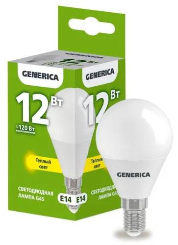 Лампа светодиодная G45 шар 12Вт 230В 3000К E14  | LL-G45-12-230-30-E14-G | GENERICA