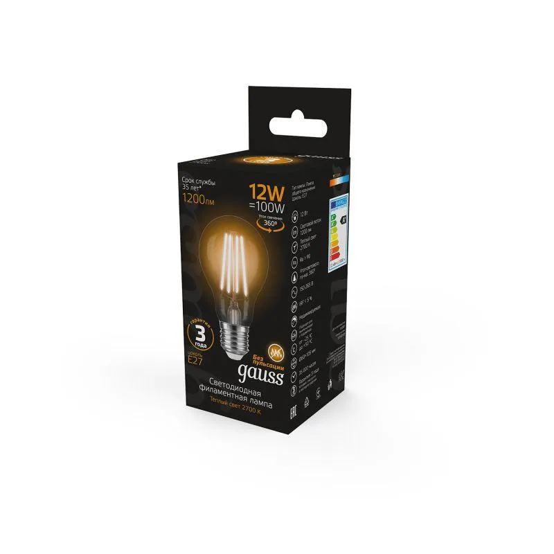 Лампа светодиодная филаментная Black Filament 12Вт A60 грушевидная 2700К тепл. бел. E27 1200лм GAUSS