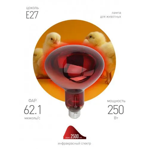 Инфракрасная лампа 250Вт ИКЗК 220-250 R127 Е27 для обогрева животных | Б0055442 | ЭРА