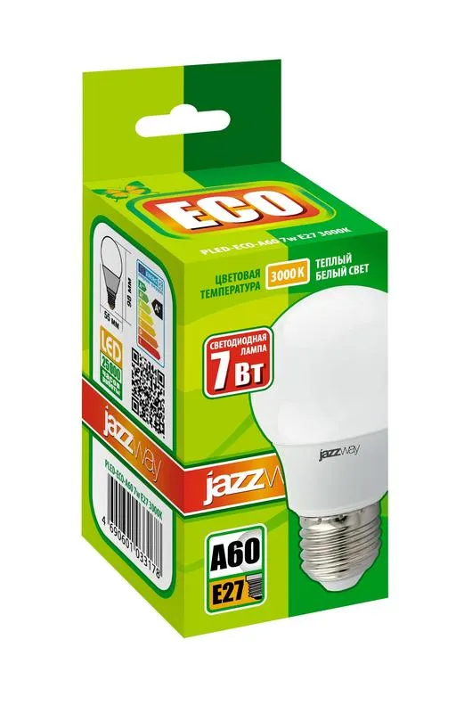 Лампа светодиодная LED 7Вт Е27 220В 3000К PLED- ECO- A60 груша | 1033178 | Jazzway