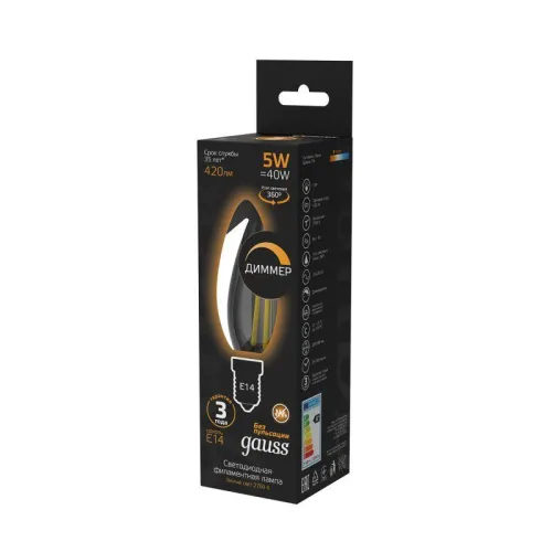 Лампа светодиодная филаментная Black Filament 5Вт свеча 2700К тепл. бел. E14 420лм диммир. GAUSS 103