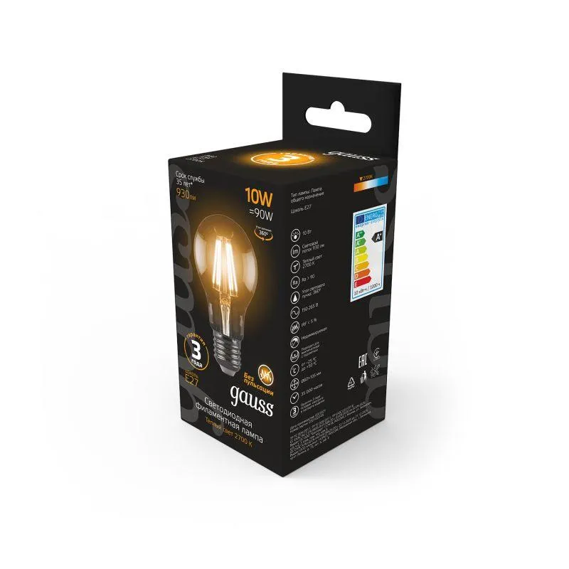 Лампа светодиодная филаментная Black Filament 10Вт A60 грушевидная 2700К тепл. бел. E27 930лм GAUSS 