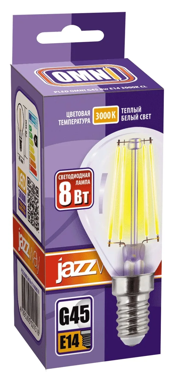 Лампа светодиодная филаментная PLED OMNI 8Вт G45 3000К тепл. бел. E14 230В/50Гц CL JazzWay 5021334
