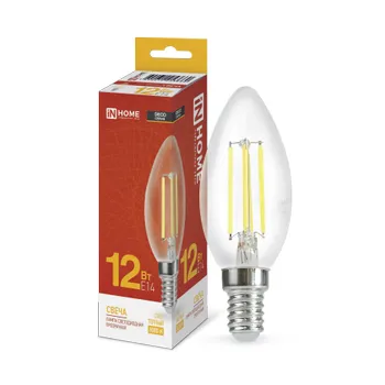 Лампа светодиодная LED-СВЕЧА-deco 12Вт 230В E14 3000К 1350лм прозрачная IN HOME 4690612053660