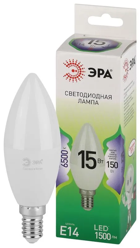 Лампа светодиодная GREEN LINE B35-15W-865-E14 GL E14 15Вт свеча свет холод. Эра Б0067091