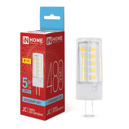 Лампа светодиодная LED-JC 5Вт капсульная прозрачная 6500К холод. бел. G4 480лм 12В IN HOME 469061203