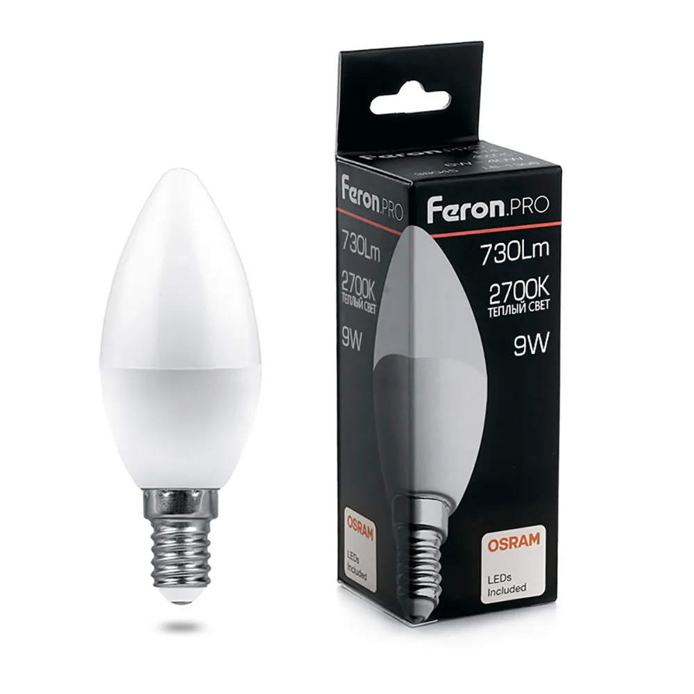Лампа светодиодная LB-1309 9Вт C37 свеча 2700К E14 230В FERON 38059
