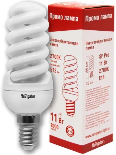 Лампа энергосберегающая КЛЛ 11Вт Е14 827 спираль NCLP-SF-11-827 | 94098 | Navigator