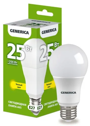 Лампа светодиодная A65 груша 25Вт 230В 3000К E27  | LL-A65-25-230-30-E27-G | GENERICA