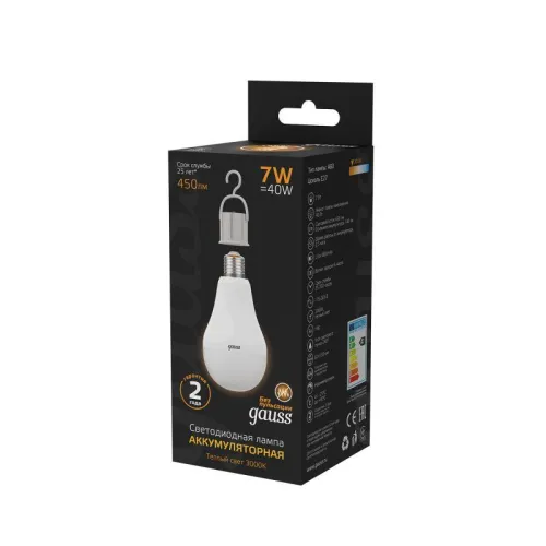 Лампа светодиодная Black 7Вт A60 грушевидная 3000К тепл. бел. E27 450лм аккум. Li-Ion GAUSS 10240210