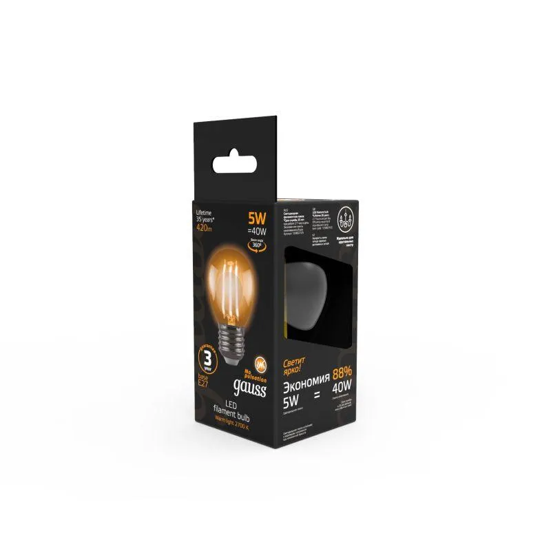 Лампа светодиодная филаментная Black Filament 5Вт P45 шар 2700К тепл. бел. E27 420лм GAUSS 105802105
