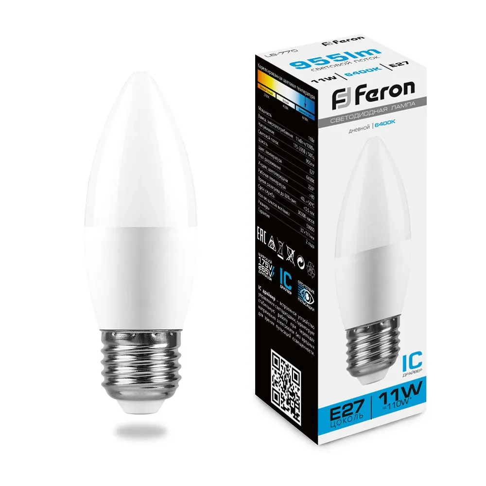 Лампа светодиодная LB-770 11Вт C37 свеча 6400К E27 230В FERON 25945