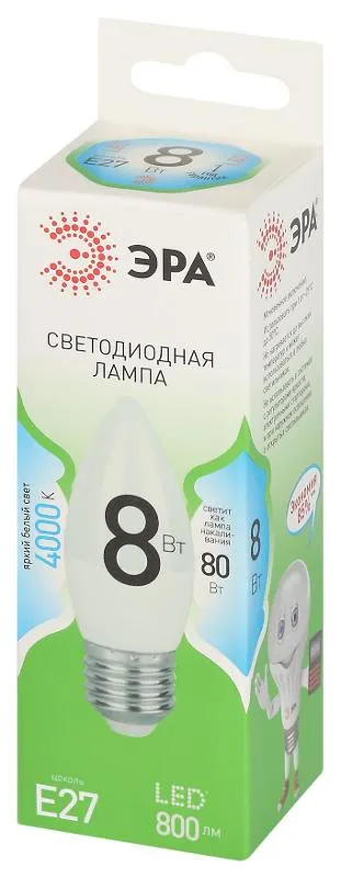 Лампа светодиодная GREEN LINE B35-8W-840-E27 GL E27 8Вт свеча яркий свет бел. Эра Б0067104