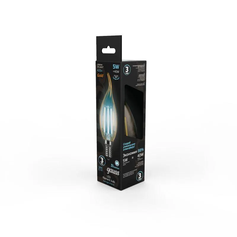 Лампа светодиодная филаментная Black Filament 5Вт свеча на ветру золотая 4100К нейтр. бел. E14 420лм