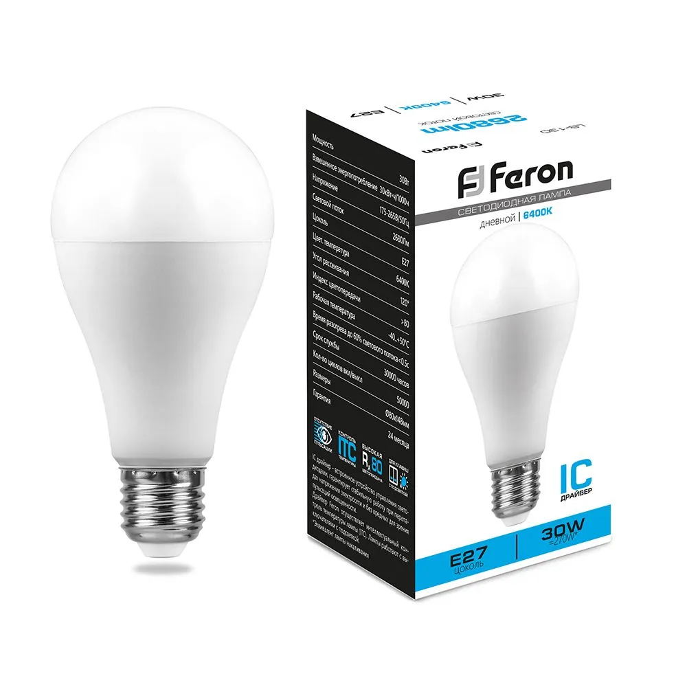 Лампа светодиодная LB-130 30Вт A80 грушевидная 6400К E27 230В FERON 38196