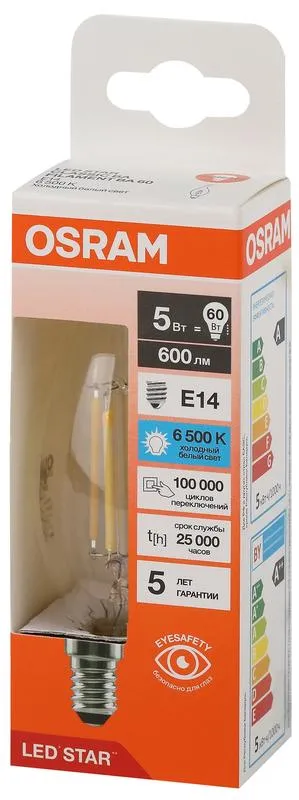 Лампа светодиодная, филаментная 5 Вт E14 6500 K 600 Lm 300 град. LED Star OSRAM 4058075688131