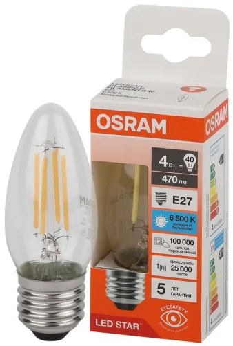 Лампа светодиодная, филаментная 4 Вт E27 6500 K 470 Lm 300 град. LED Star OSRAM 4058075688049